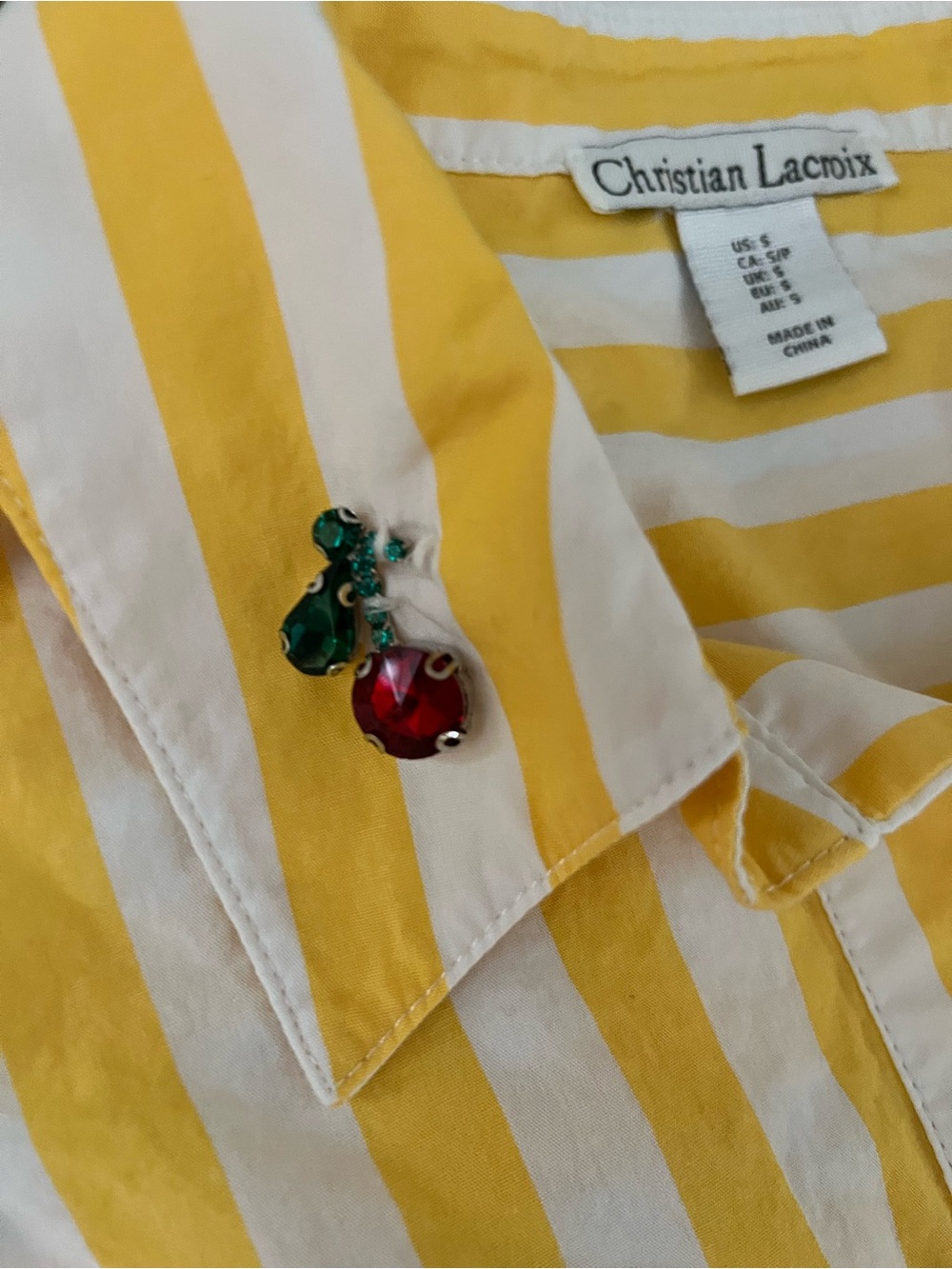Christian Lacroix Yellow & White Striped Button-Down with Cherry Embellishments - Picture 7 of 9